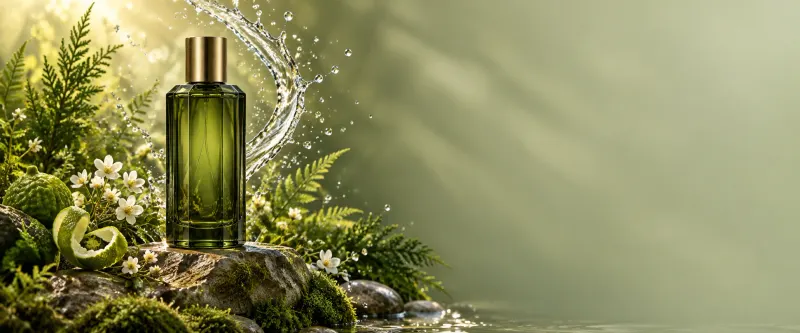 عطر أخضر فوق صخرة مكسوّة بالطحلب بين البرغموت والأزهار ورذاذ الماء